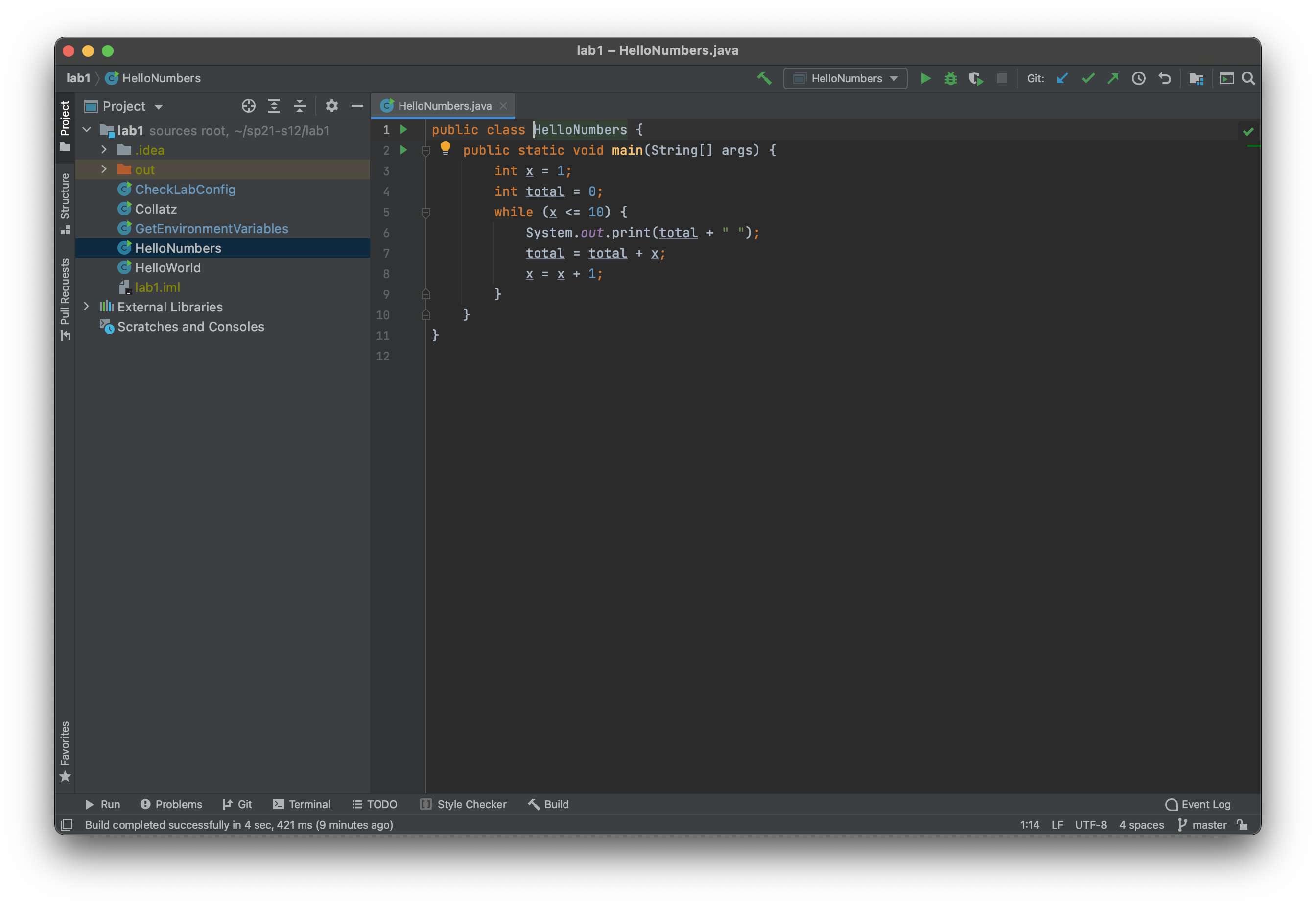 IntelliJ with HelloNumbers open